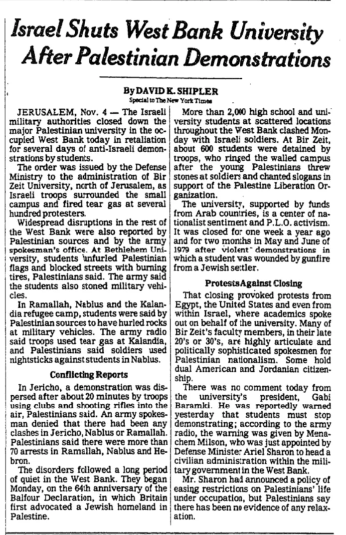 Israel Shuts West Bank University After Palestinian Demonstrations &mdash; The New York Times, 5 November 1981