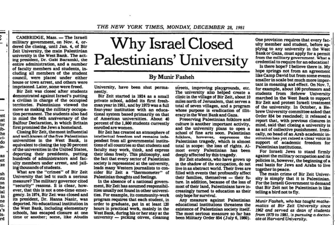Why Israel Closed One University &mdash; The New York Times, 28 December 1981