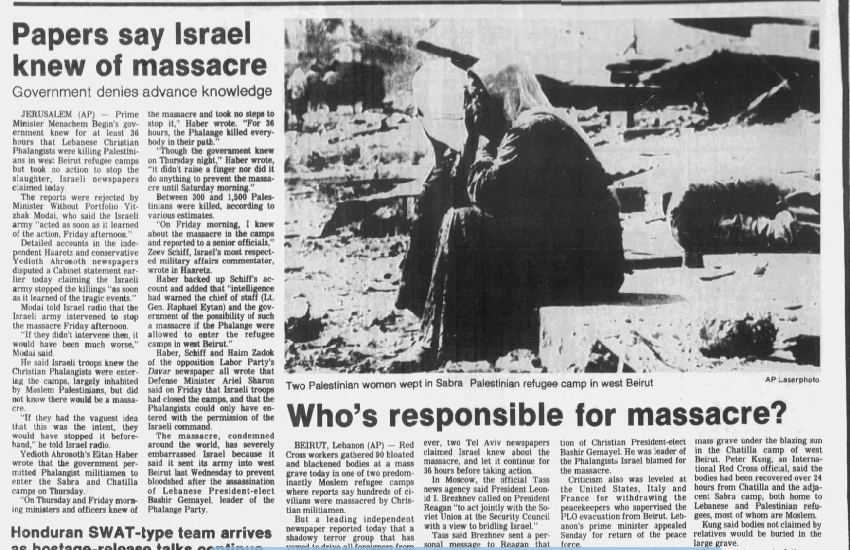 Papers say Israel knew of massacre — The News Tribune, 20 September 1982