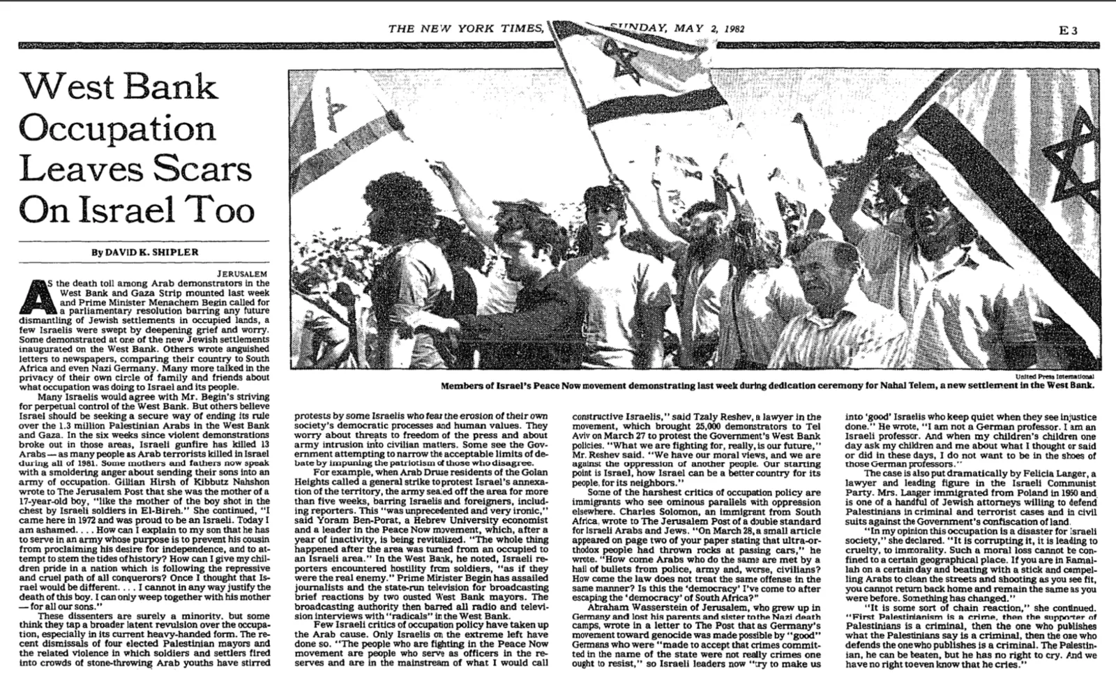 West Bank Occupation Leaves Scars On Israel Too — The New York Times, 2 May 1982