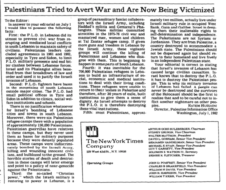 Palestinians Tried to Avert War and Are Now Being Victimized &mdash; The New York Times, 16 July 1982