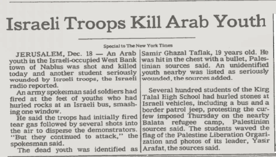 Israeli Troops Kill Arab Youth — The New York Times, 19 December 1982