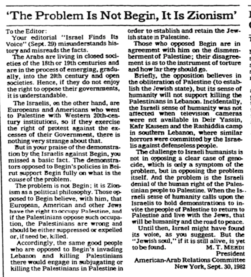 ‘The Problem Is Not Begin, It Is Zionism’ &mdash; New York Times, 3 October 1982