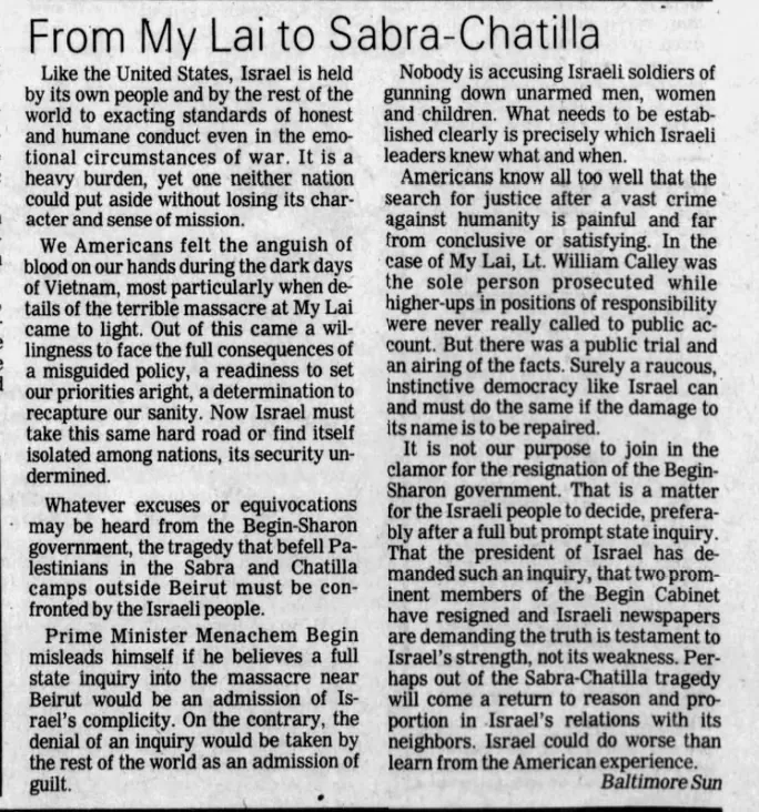 From My Lai to Sabra-Chatilla — Stamford Advocate, 25 September 1982