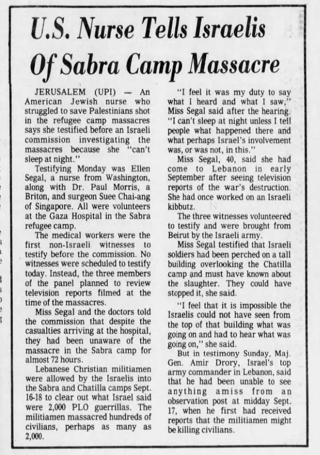 U.S. Nurse Tells Israelis Of Sabra Camp Massacre — St. Louis Post-Dispatch, 2 November 1982