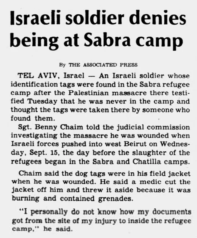 Israeli soldier denies being at Sabra camp — The Sun, 24 November 1982