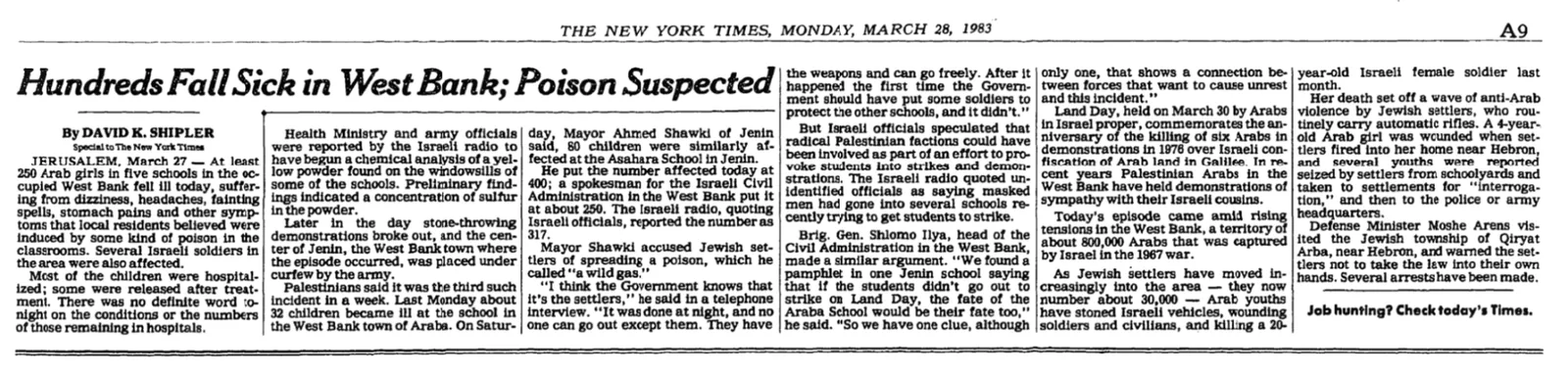 Hundreds Fall Sick in West Bank; Poison Suspected &mdash; New York Times, 28 March 1983
