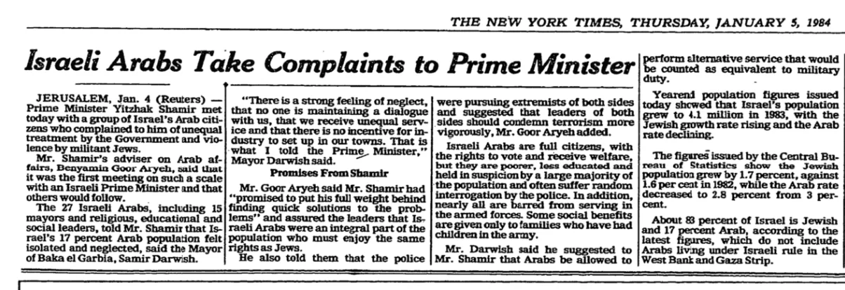 Shamir meets Israel's Arab citizens &mdash; New York Times, 5 January 1984