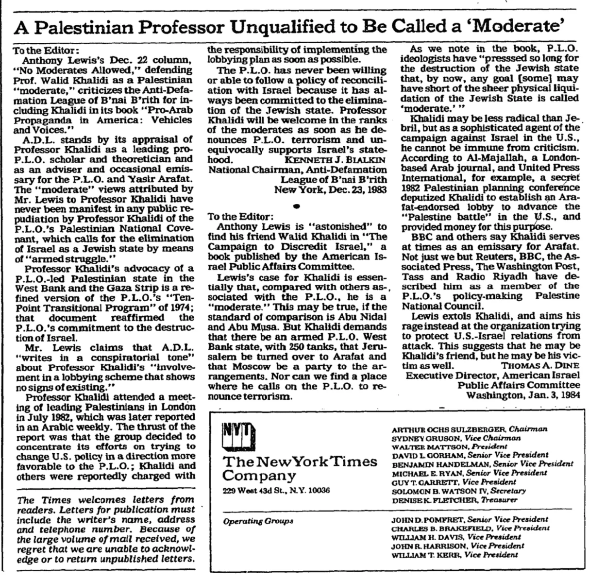 P.L.O. Ideologists &mdash; The New York Times, 12 January 1984