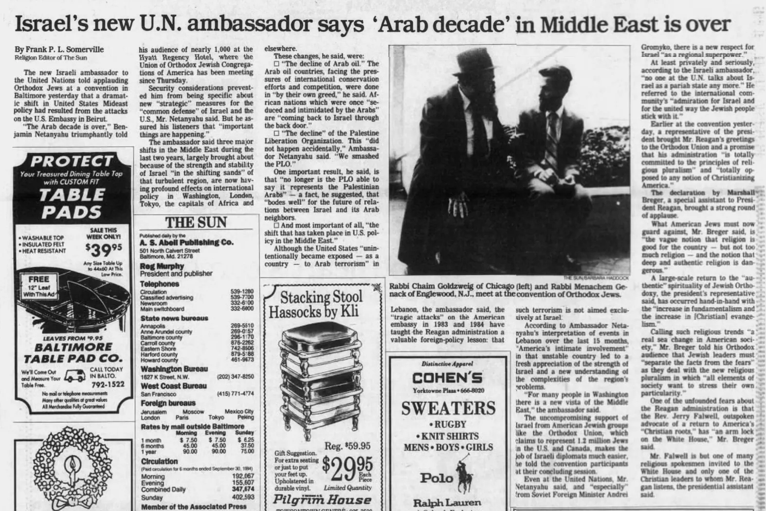 Israel’s new U.N. ambassador says ‘Arab decade’ in Middle East is over — The Baltimore Sun, 26 November 1984