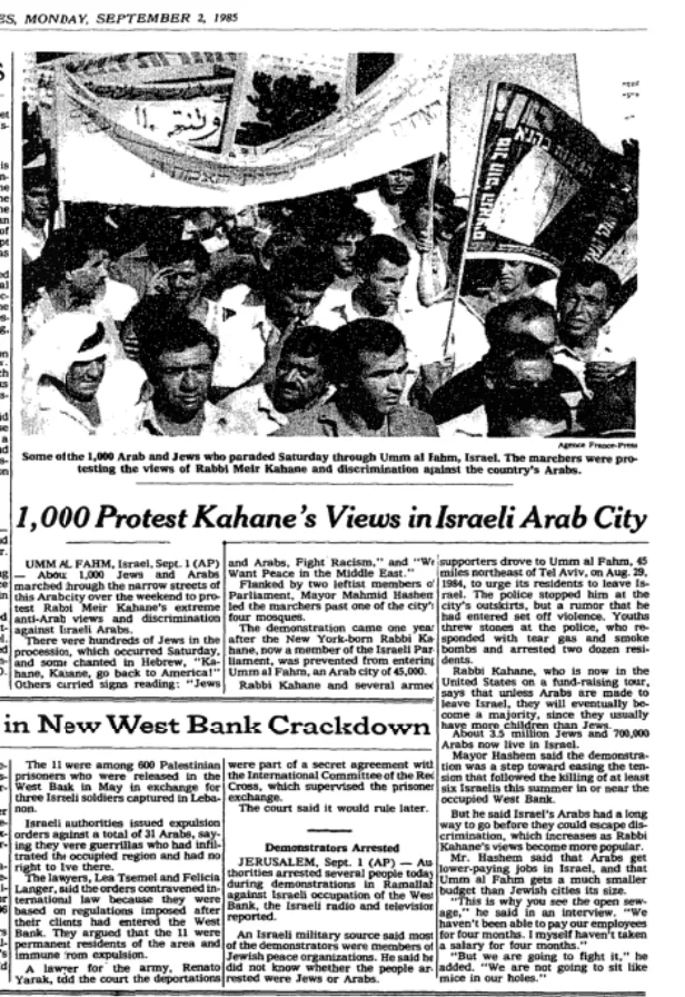 1,000 Protest Kahane's Views in Israeli Arab City &mdash; New York Times, 2 September 1985