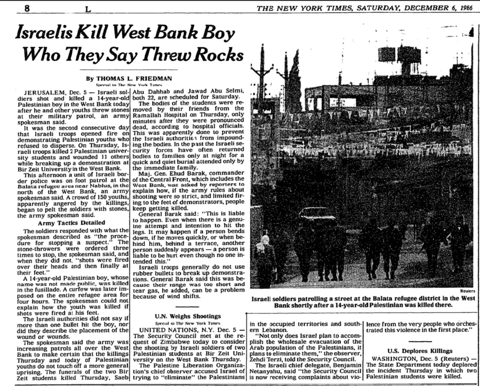 Israelis Kill West Bank Boy Who They Say Threw Rocks &mdash; The New York Times, 6 December 1986