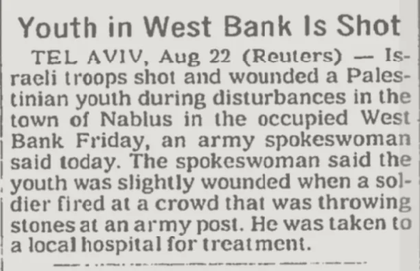 Youth in West Bank Is Shot &mdash; The New York Times, 23 August 1987