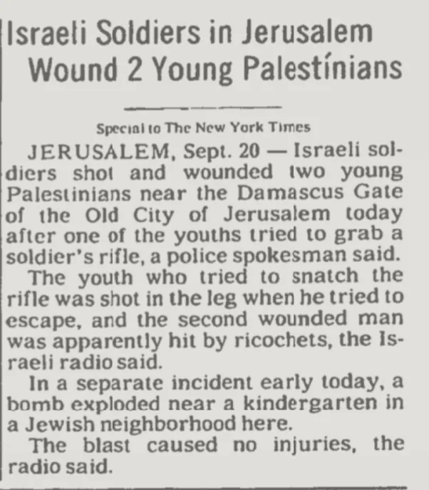 Wound 2 Young Palestínians &mdash; The New York Times, 21 September 1987