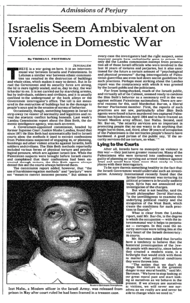Israelis Seem Ambivalent on Violence in Domestic War &mdash; New York Times, 8 November 1987
