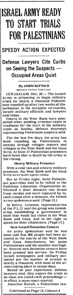 ISRAEL ARMY READY TO START TRIALS FOR PALESTINIANS &mdash; New York Times, 27 December 1987