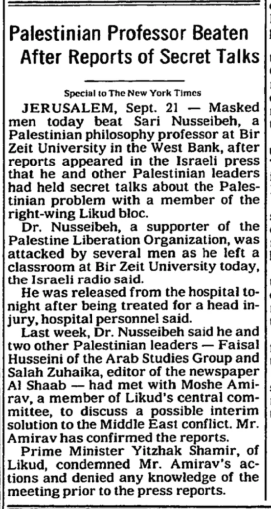 Palestinian Professor Beaten After Reports of Secret Talks &mdash; The New York Times, 2 September 1987