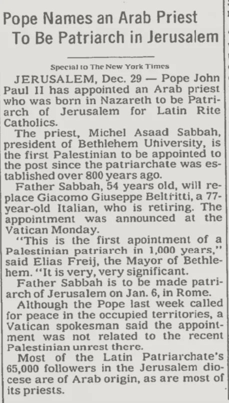 Pope Names an Arab Priest &mdash; The New York Times, 30 December 1987