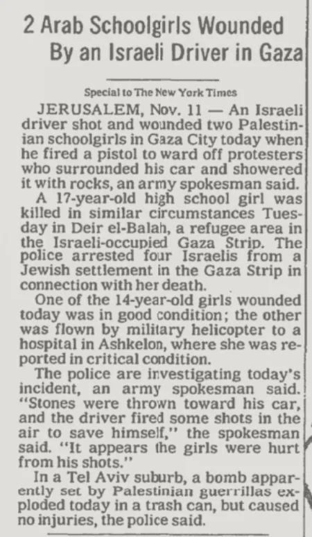2 Arab Schoolgirls Wounded By an Israeli Driver in Gaza — The New York Times, 12 November 1987