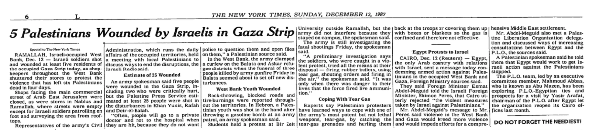 5 Palestinians Wounded by Israelis in Gaza Strip — The New York Times, 13 December 1987
