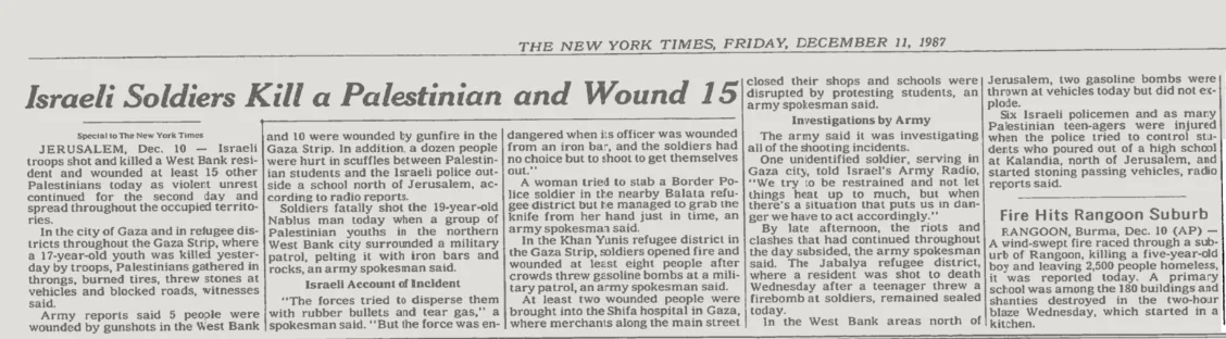 Israeli Soldiers Kill a Palestinian and Wound 15 &mdash; The New York Times, 11 December 1987