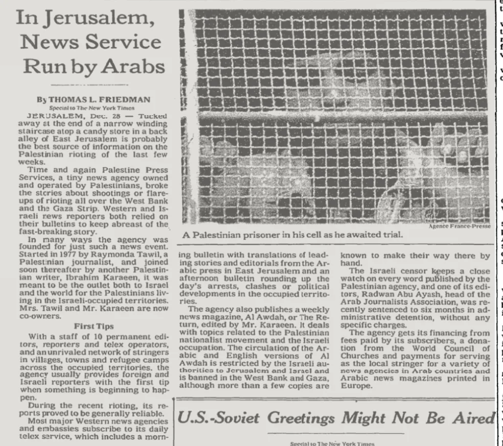 In Jerusalem, Run by Arabs &mdash; The New York Times, 29 December 1987