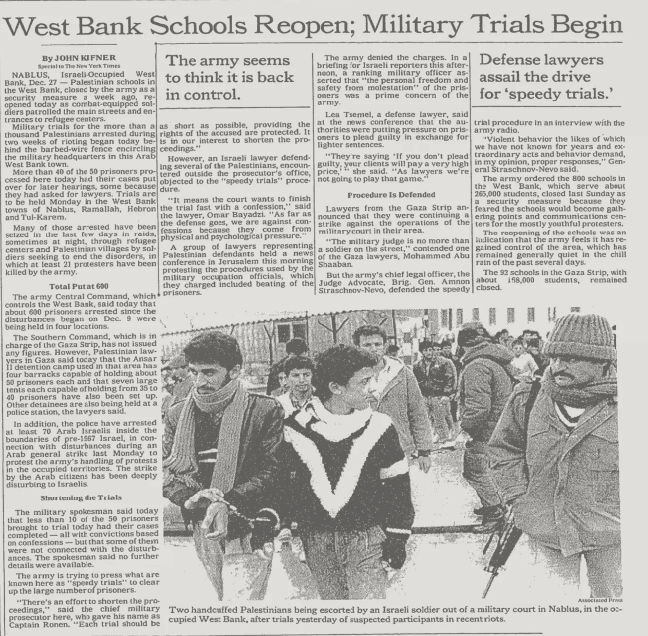West Bank Schools Reopen; Military Trials Begin &mdash; The New York Times, 28 December 1987