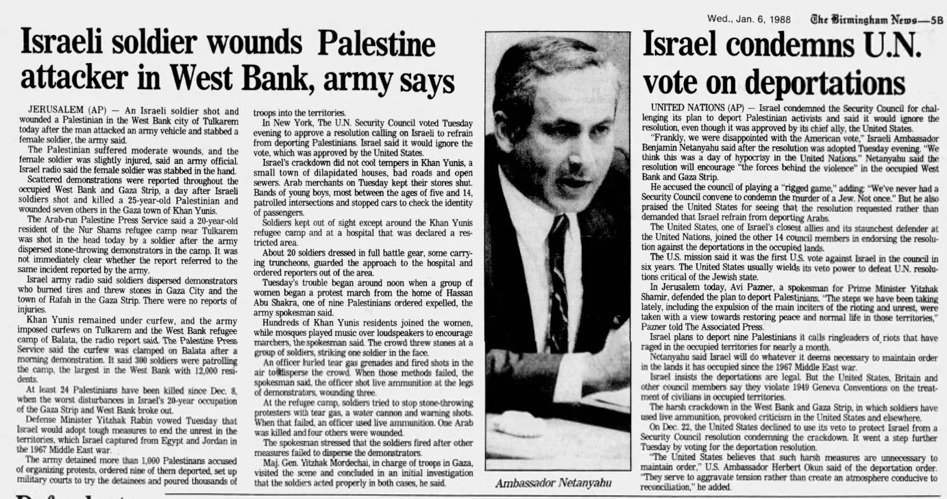 Israel condemns U.N. vote on deportations — The Birmingham News, 6 January 1988