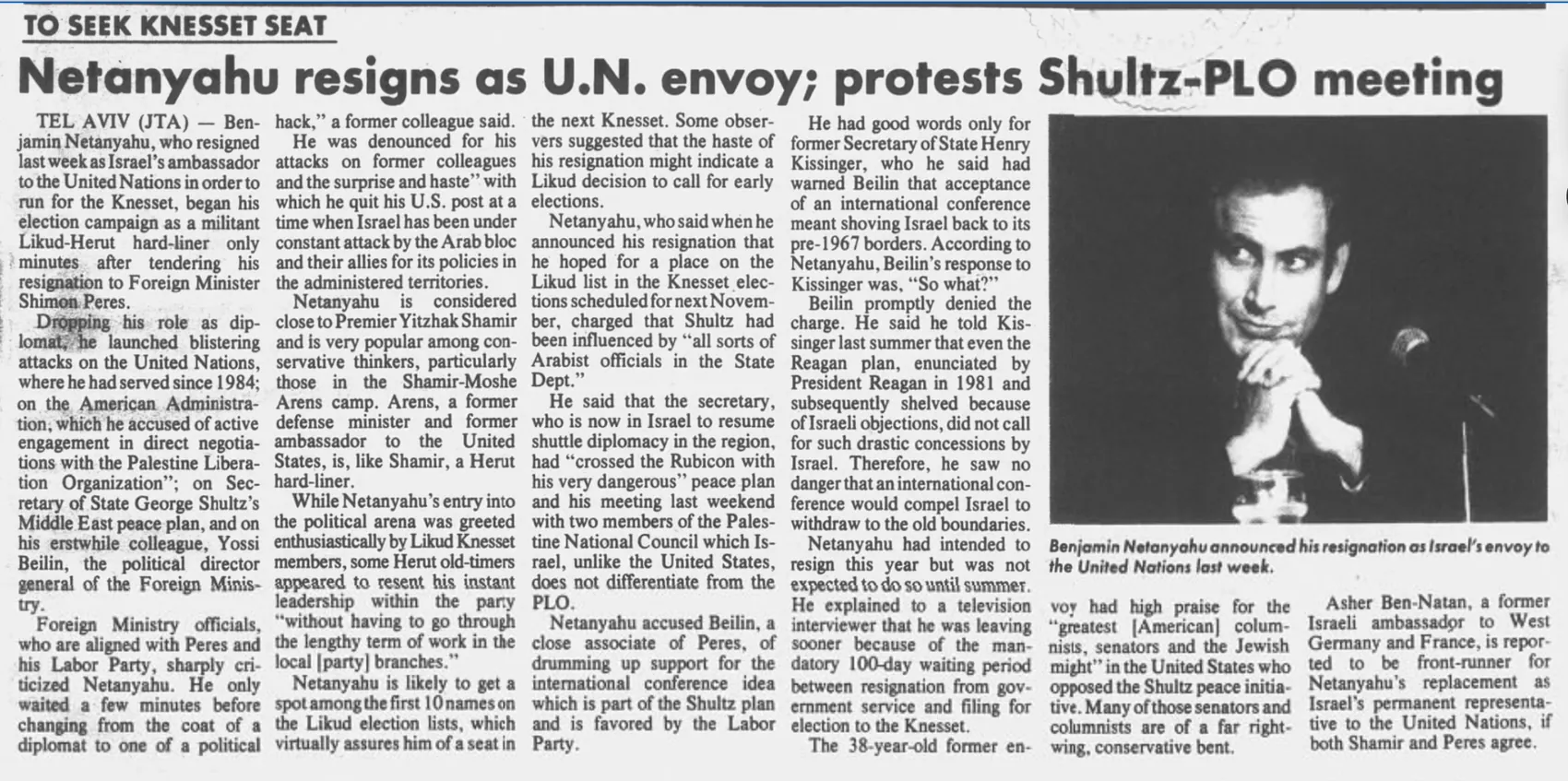 Netanyahu resigns as U.N. envoy; protests Shultz-PLO meeting — St. Louis Jewish Light, 6 April 1988