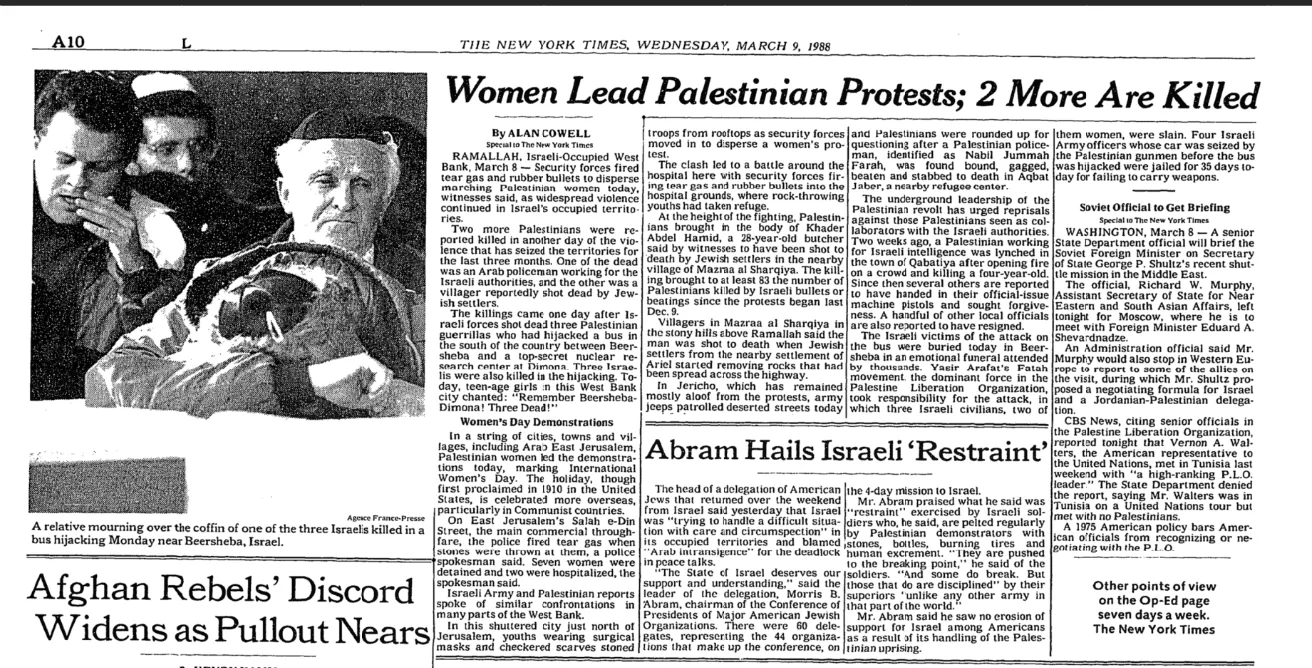 Women Lead Palestinian Protests; 2 More Are Killed — The New York Times, 9 March 1988