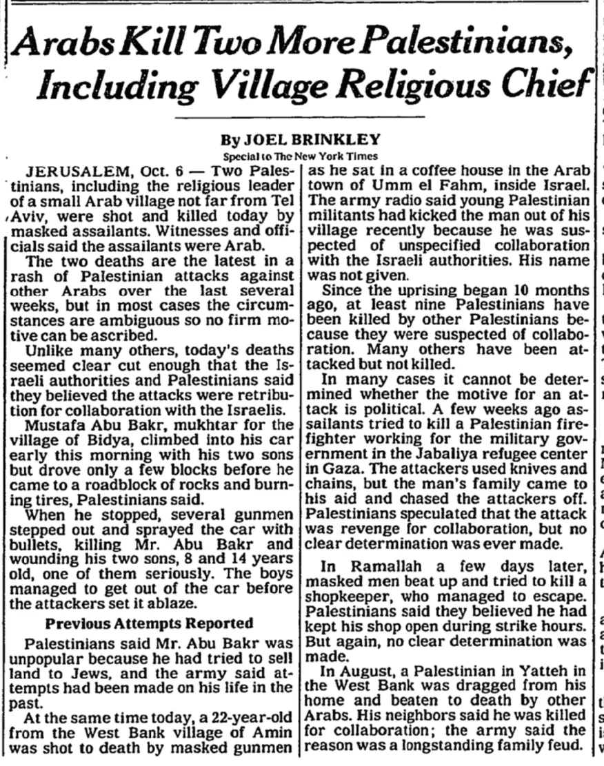 Arabs Kill Two More Palestinians, Including Village Religious Chief &mdash; The New York Times, 7 October 1988