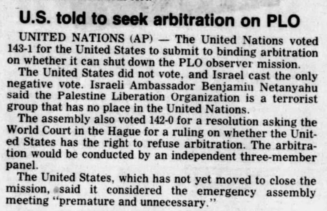 U.S. told to seek arbitration on PLO — North County Times, 2 March 1988