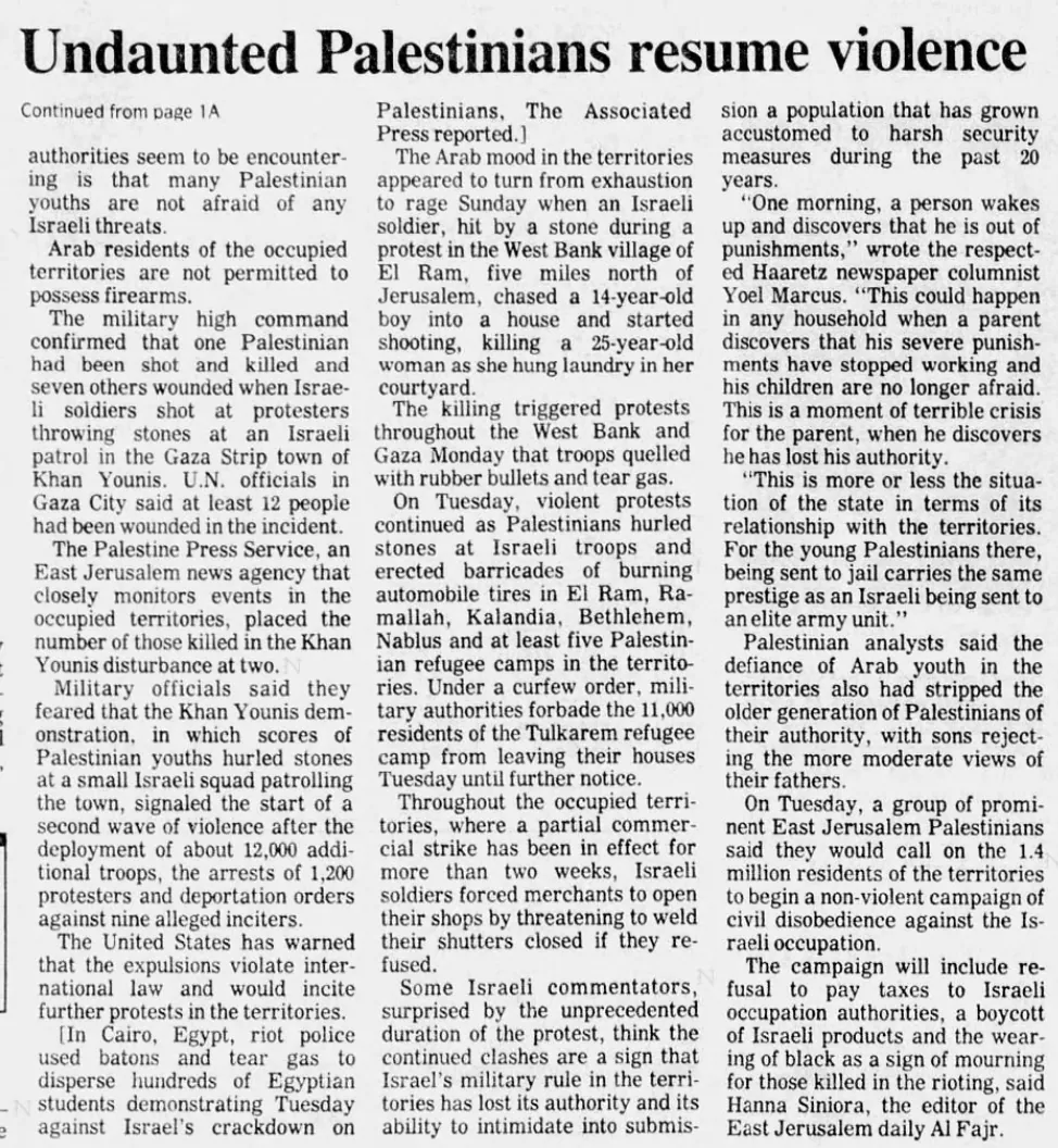 Undaunted Palestinians resume violence — The News & Observer, 6 January 1988