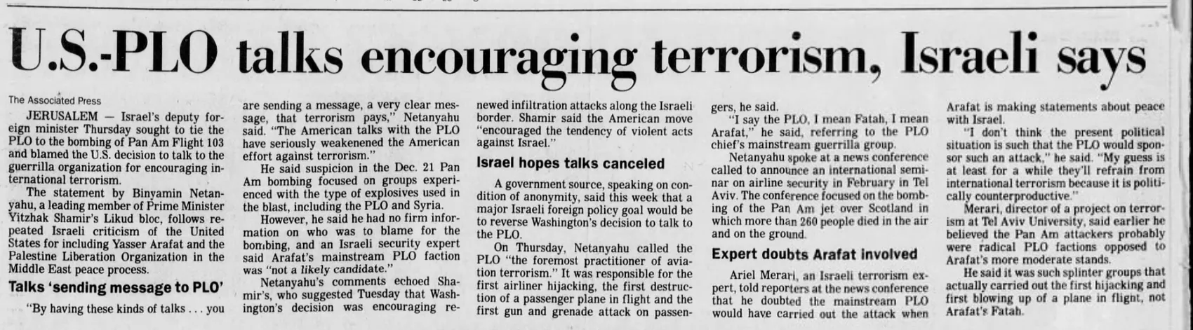 U.S.-PLO talks encouraging terrorism, Israeli says — The Palm Beach Post, 30 December 1988