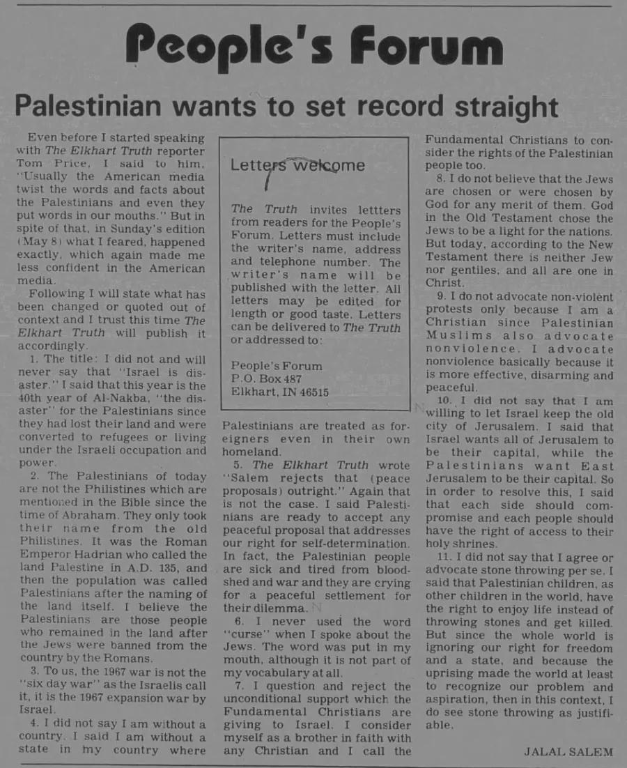 Palestinian wants to set record straight — The Elkhart Truth, 10 May 1988