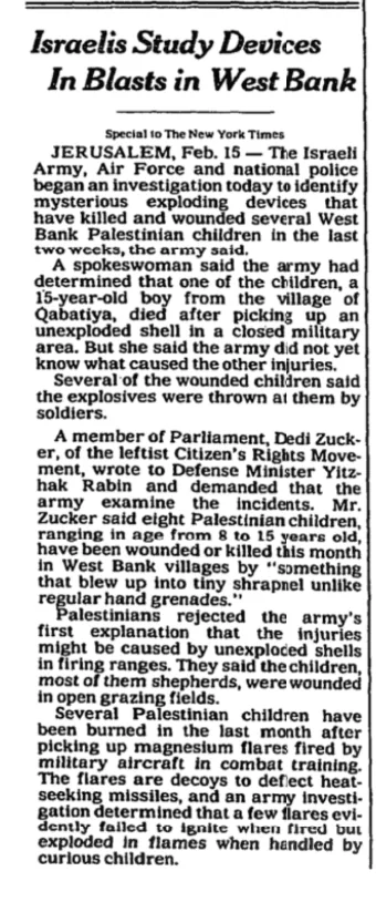 Israelis Study Devices In Blasts in West Bank — The New York Times, 16 February 1989