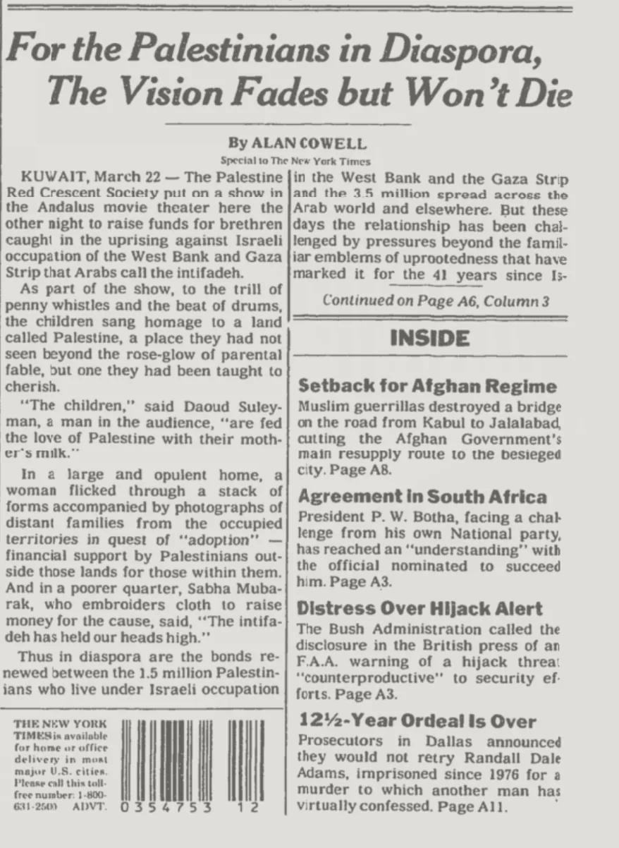 For the Palestinians in Diaspora, The Vision Fades but Won’t Die &mdash; The New York Times, 24 March 1989
