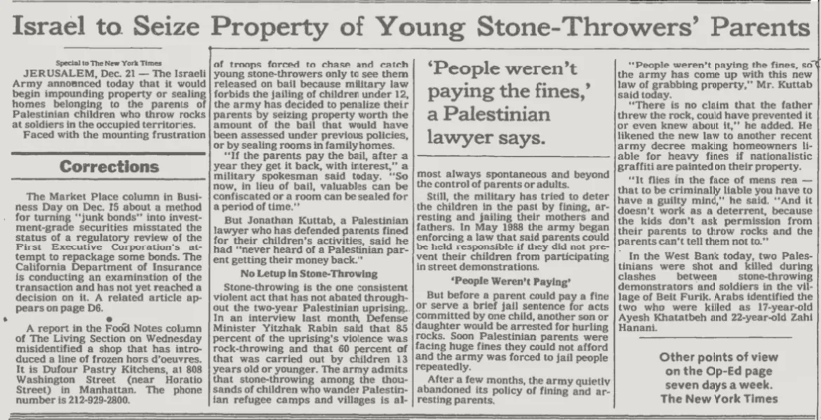 Israel to Seize Property of Young Stone-Throwers’ Parents &mdash; The New York Times, 22 December 1989
