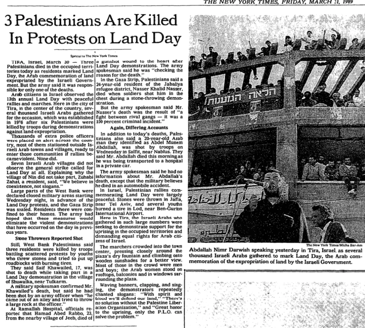 3 Palestinians Are Killed In Protests on Land Day — New York Times, 31 March 1989