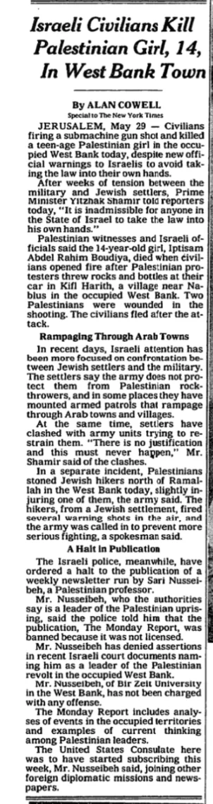 Israeli Civilians Kill Palestinian Girl, 14, in West Bank Town &mdash; The New York Times, 30 May 1989