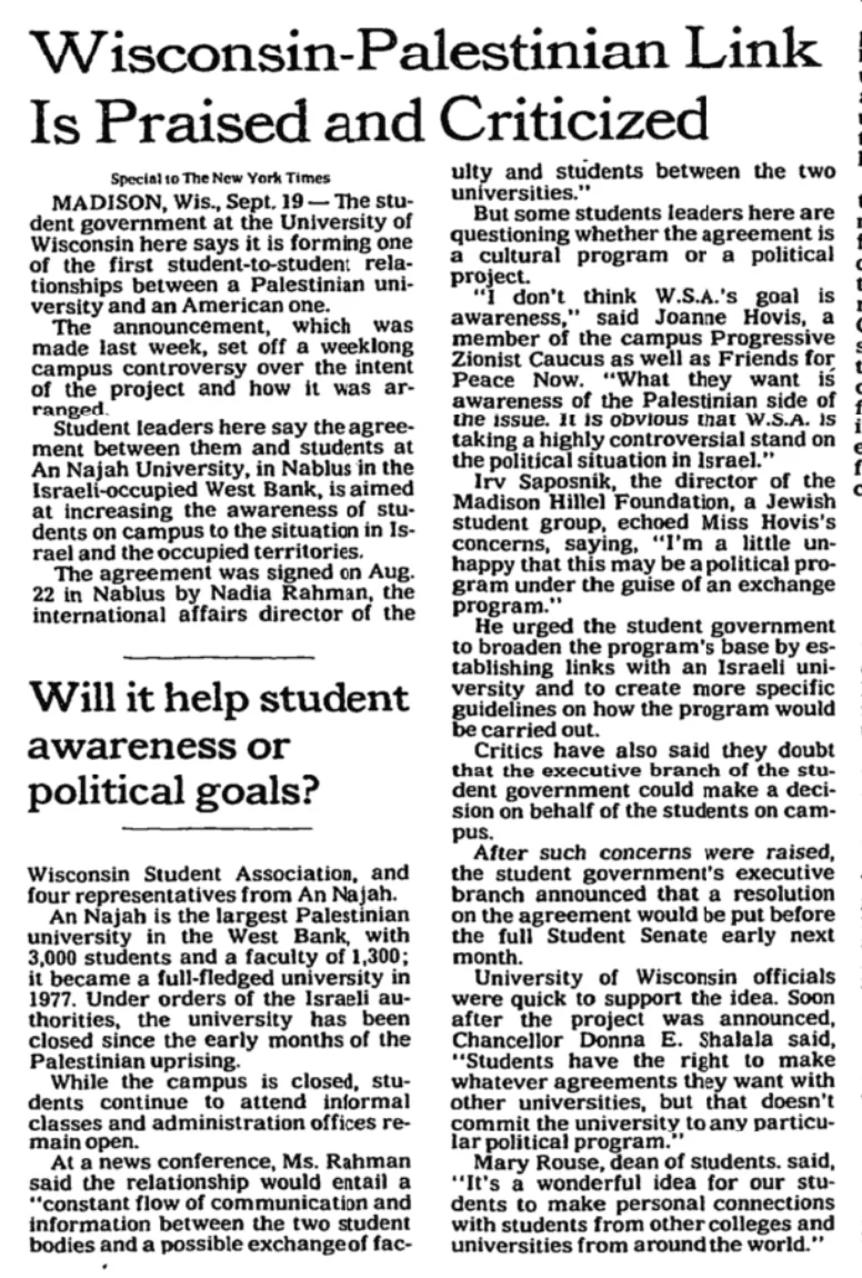 Wisconsin-Palestinian Link Is Praised and Criticized &mdash; The New York Times, 20 September 1989