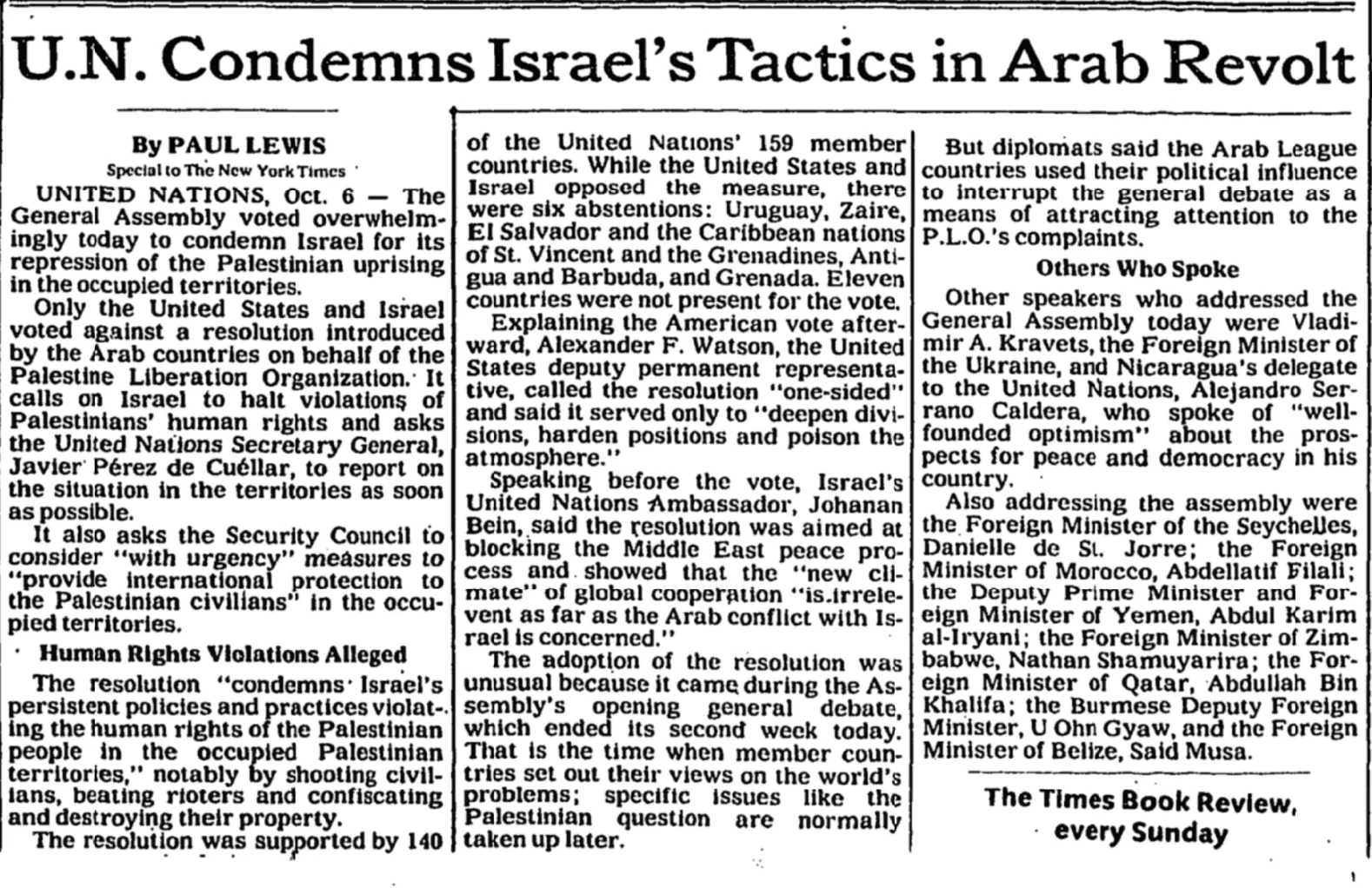 U.N. Condemns Israel's Tactics in Arab Revolt &mdash; The New York Times, 7 October 1989