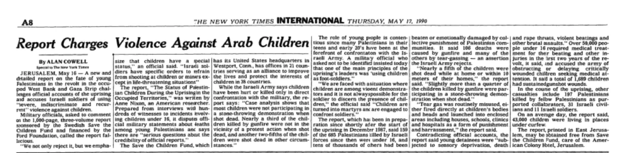 Report Charges Violence Against Arab Children &mdash; The New York Times, 17 May 1990