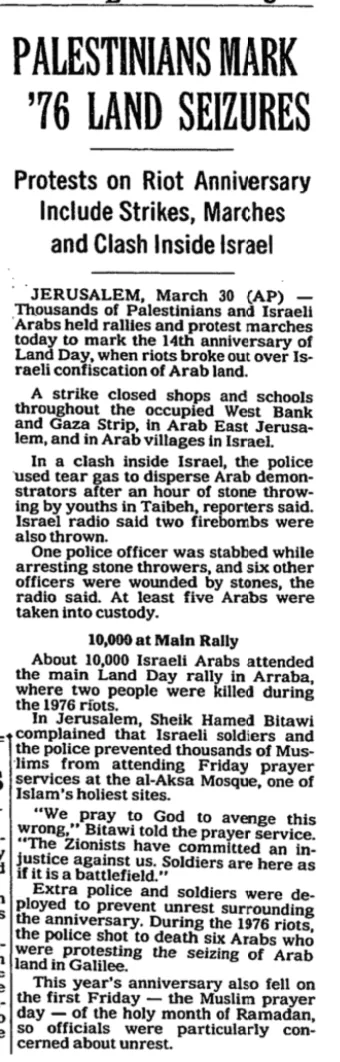 PALESTINIANS MARK ’76 LAND SEIZURES — New York Times, 30 March 1990