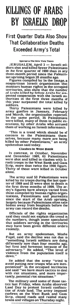 KILLINGS OF ARABS BY ISRAELIS DROP &mdash; New York Times, 4 April 1990