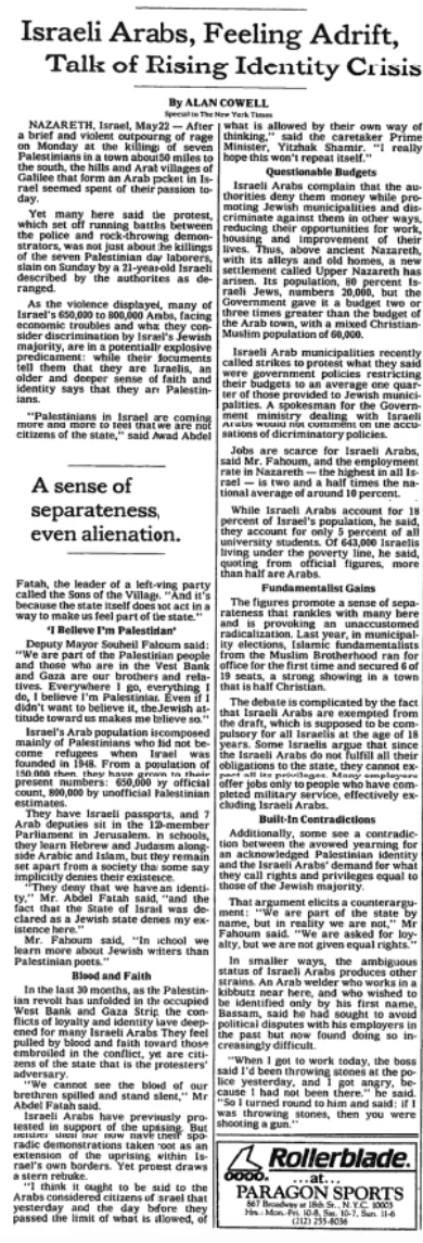 Israeli Arabs, Feeling Adrift, Talk of Rising Identity Crisis &mdash; New York Times, 23 May 1990