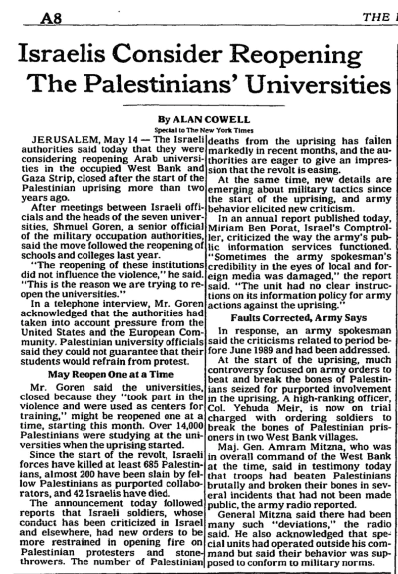 Israelis Consider Reopening the Palestinians' Universities &mdash; The New York Times, 15 May 1990