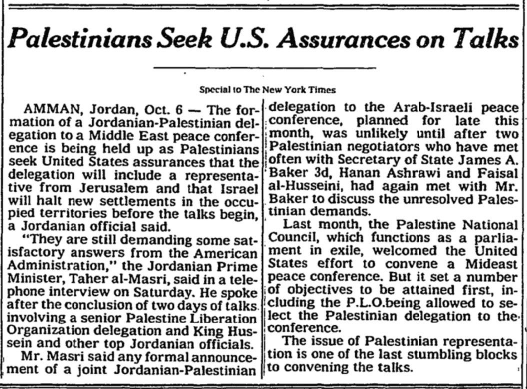 Palestinians Seek U.S. Assurances on Talks &mdash; The New York Times, 7 October 1991