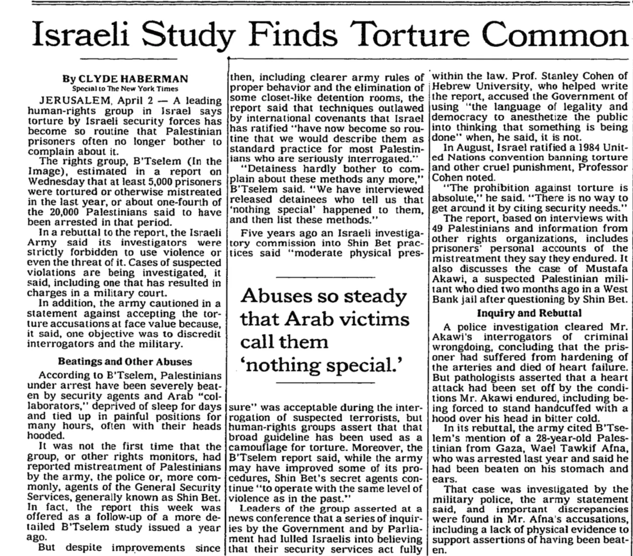 Israeli Study Finds Torture Common &mdash; New York Times, 3 April 1992