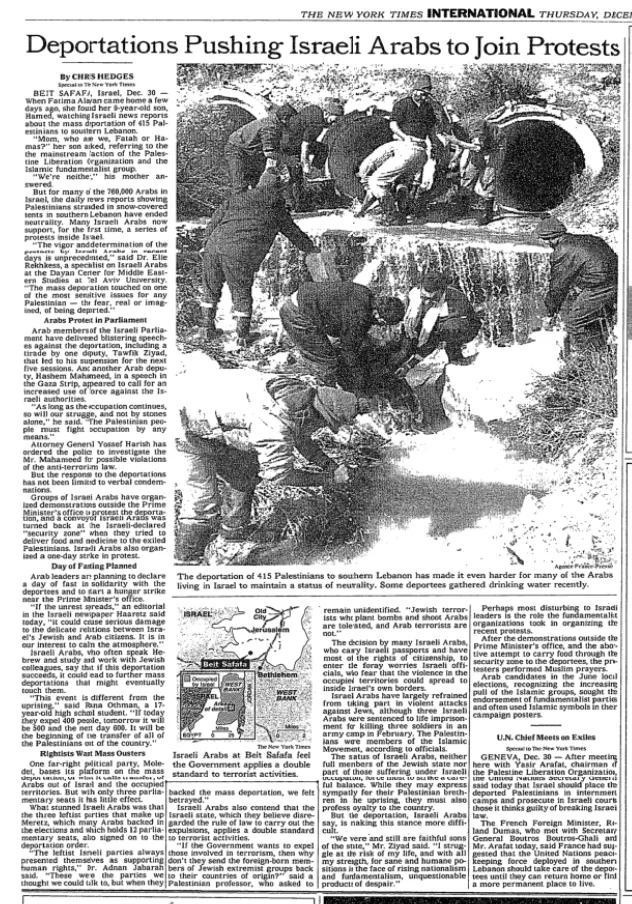Israeli Arabs protest the deportations &mdash; New York Times, 31 December 1992